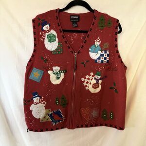 Studio Fa La La Woman's Snowman Christmas Sweater Vest Full-Zip Size 1X